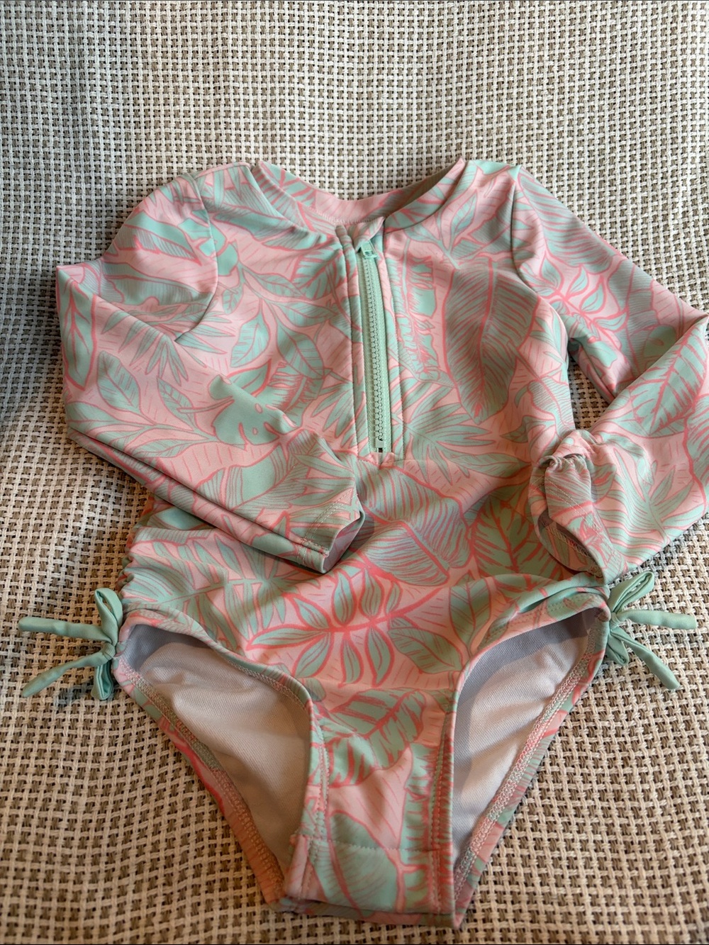 Cat & Jack Kids Long-Sleeve Tropical Leaf One-Piece Swimsuit - Pink & Mint 3T